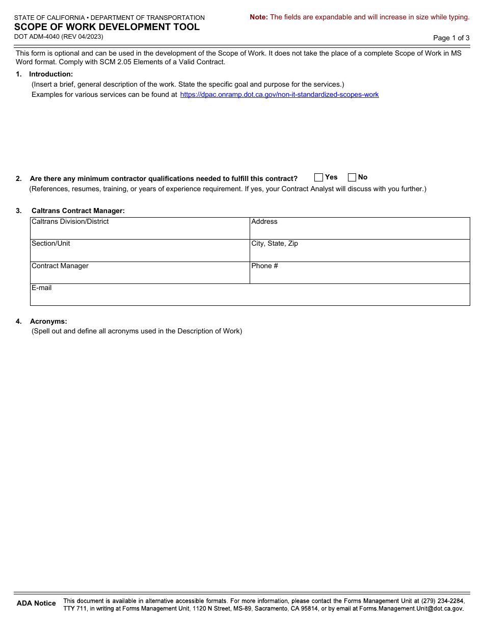 Form DOT ADM-4040 Scope of Work Development Tool - California, Page 1