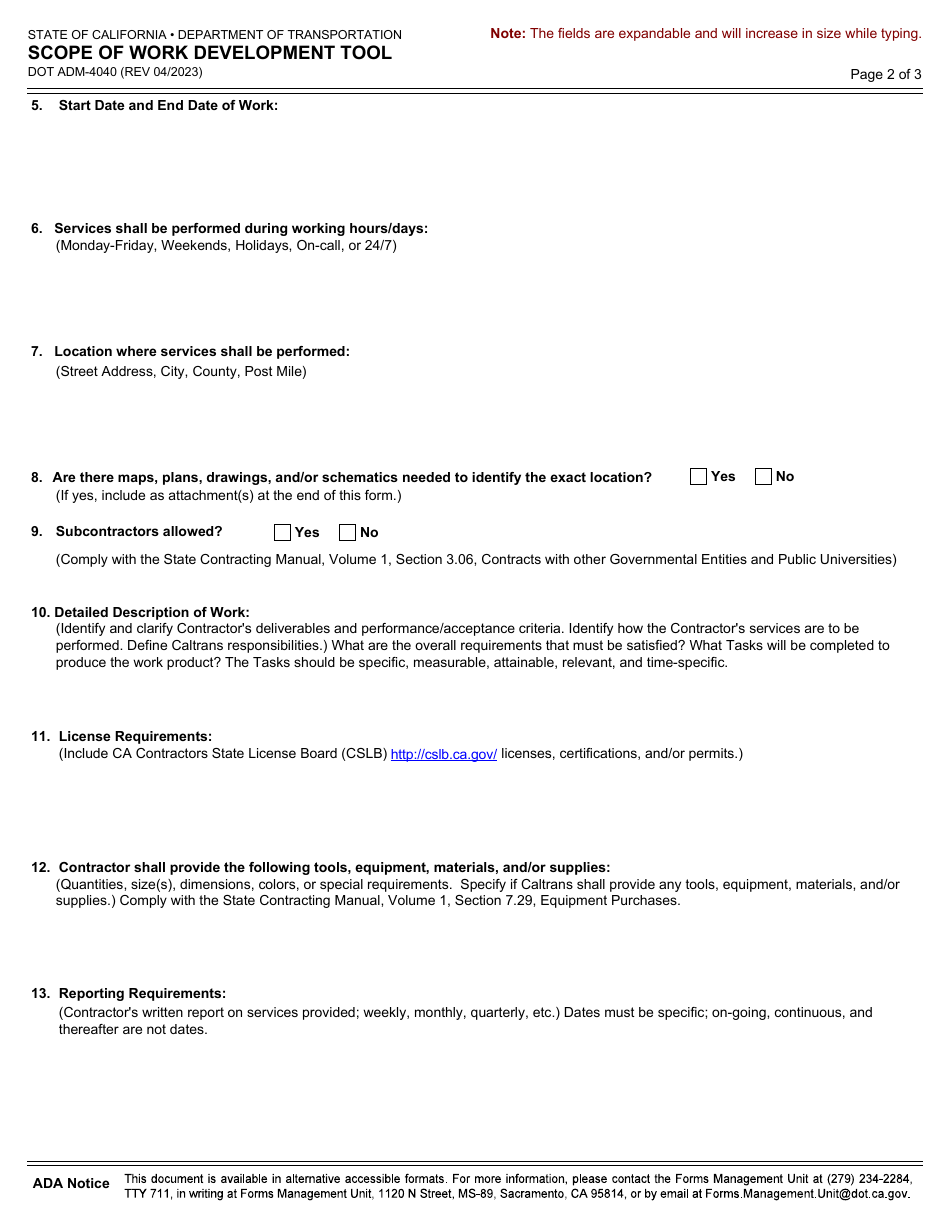 Form DOT ADM-4040 Scope of Work Development Tool - California, Page 2