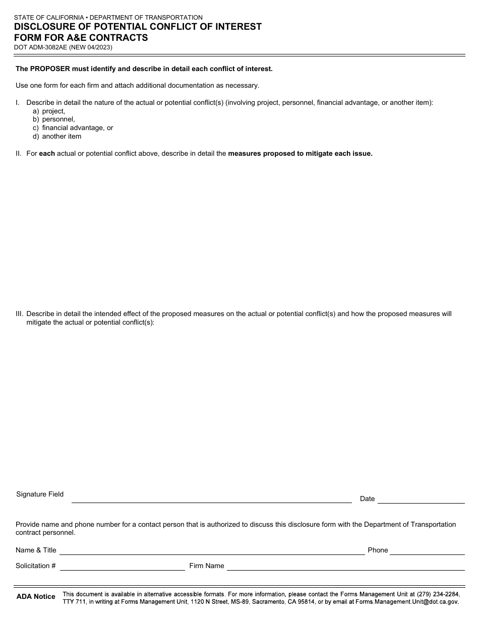 Form DOT ADM-3082AE Disclosure of Potential Conflict of Interest Form for ae Contracts - California, Page 1