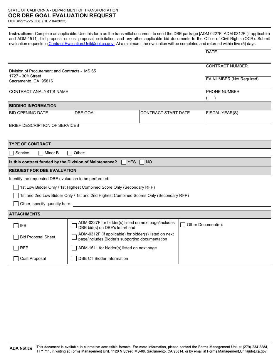 K Form 22B DBE Ocr Dbe Goal Evaluation Request - California, Page 1