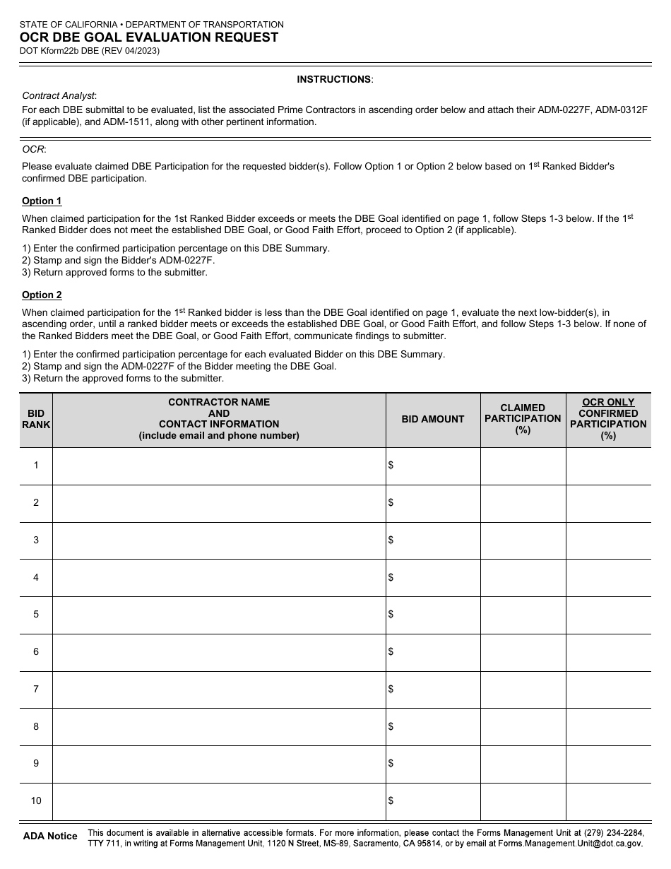 K Form 22B DBE Ocr Dbe Goal Evaluation Request - California, Page 2