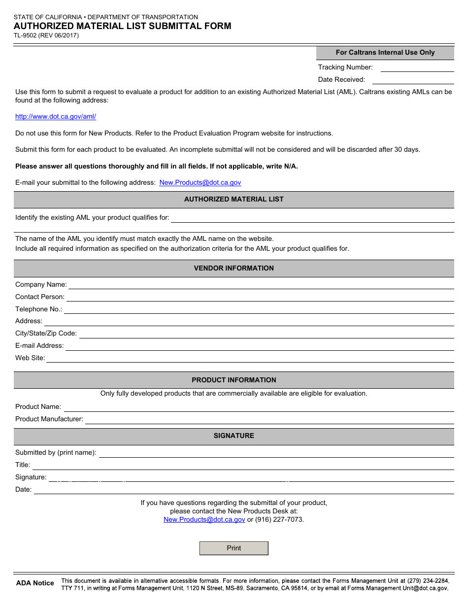 Form TL-9502 Authorized Material List Submittal Form - California, Page 1