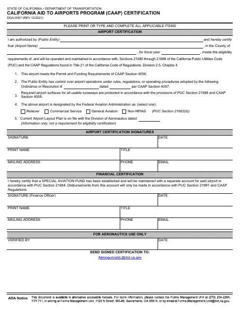 Form DOA-0007 California Aid to Airports Program (Caap) Certification - California