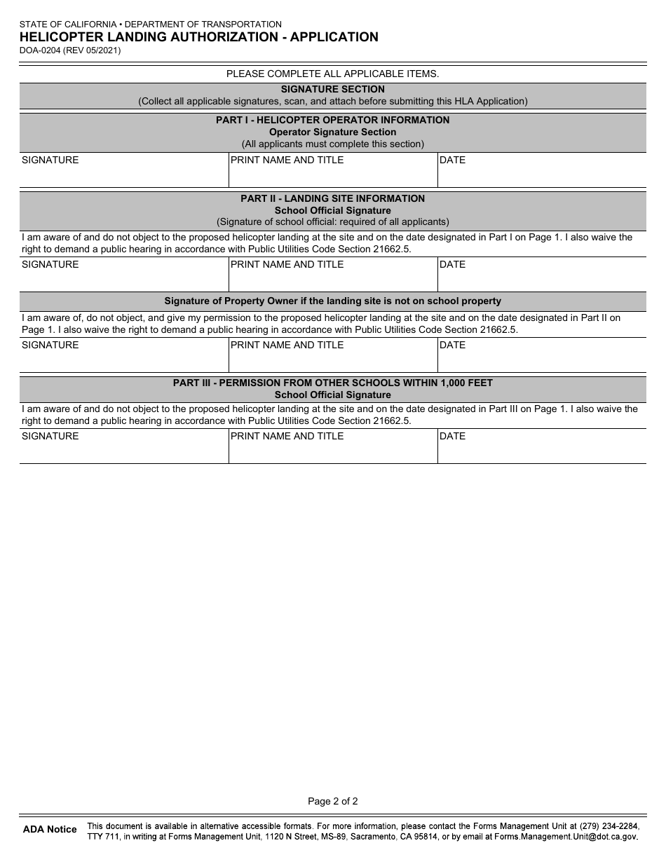 Form DOA-0204 Helicopter Landing Authorization - Application - California, Page 2