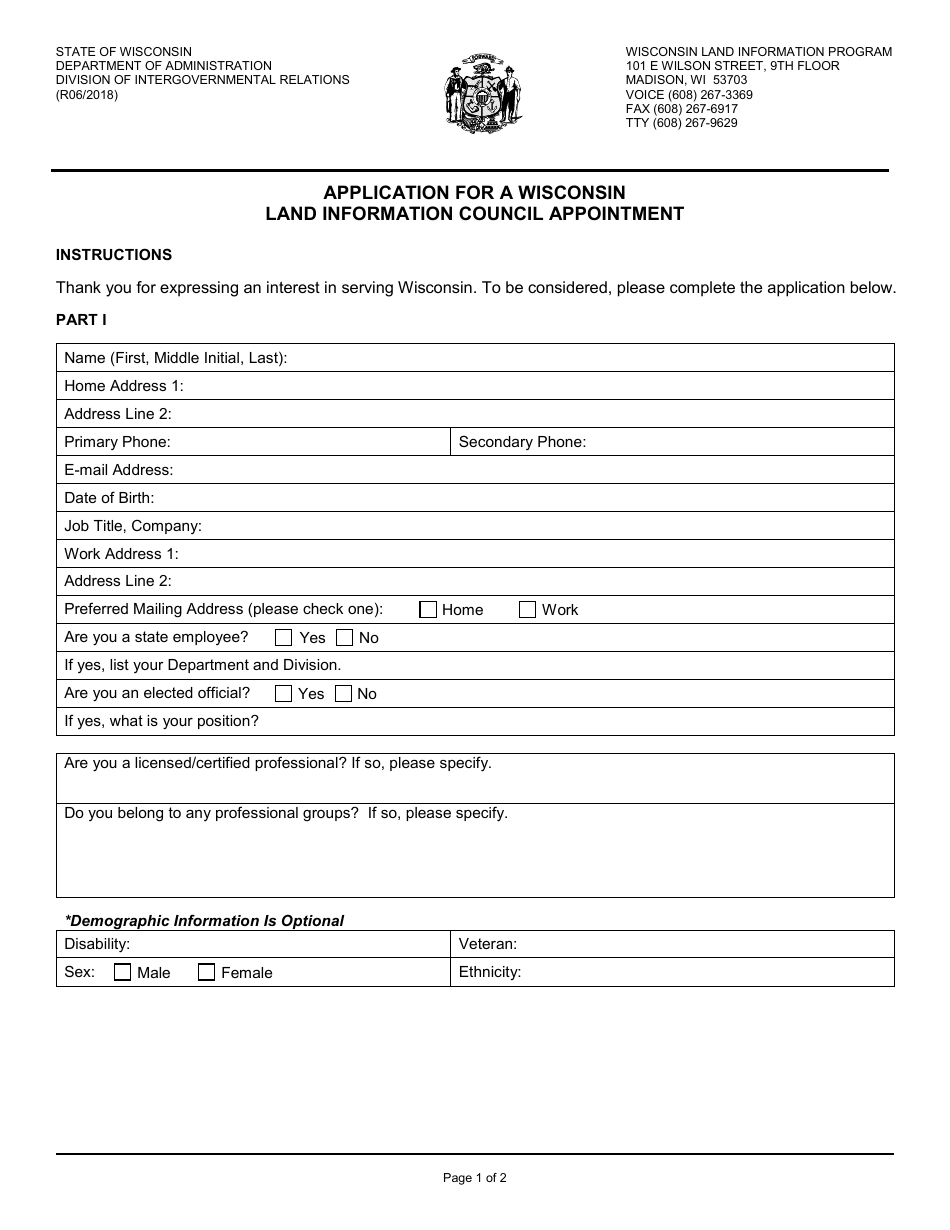 Application for a Wisconsin Land Information Council Appointment - Wisconsin, Page 1