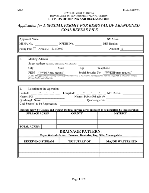 Form MR-21 Application for a Special Permit for Removal of Abandoned Coal Refuse Pile - West Virginia