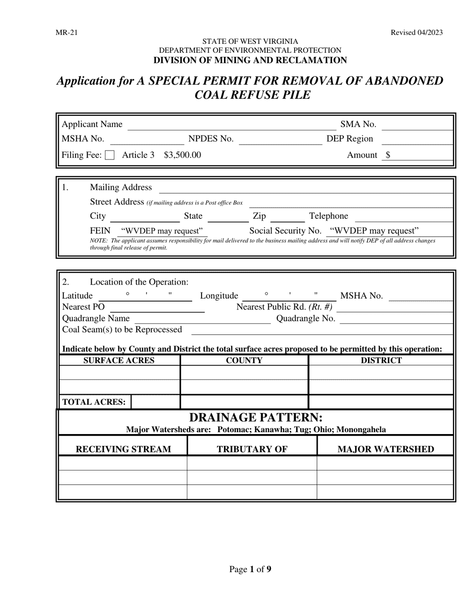 Form MR-21 Application for a Special Permit for Removal of Abandoned Coal Refuse Pile - West Virginia, Page 1
