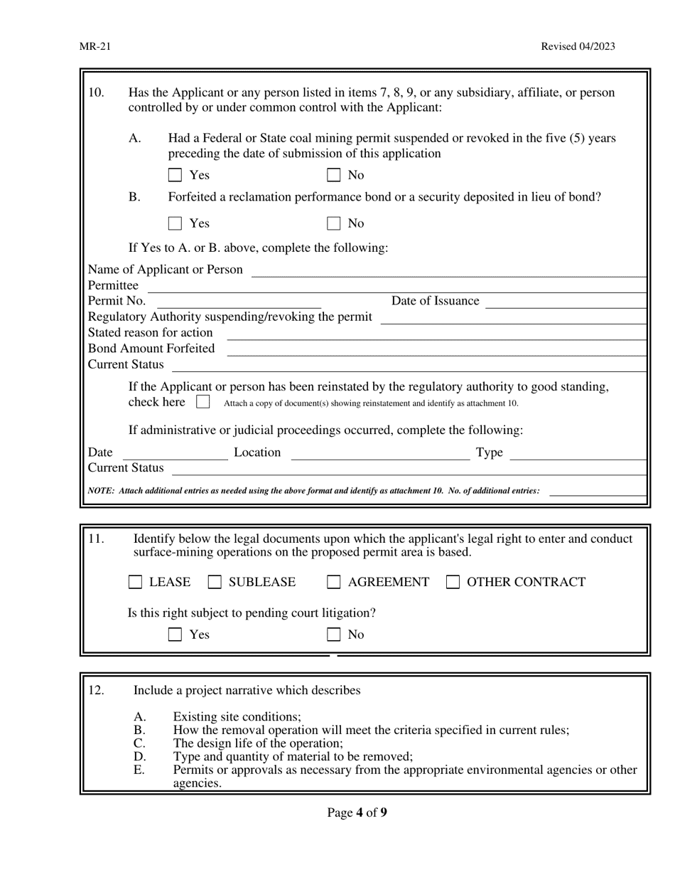 Form MR-21 Application for a Special Permit for Removal of Abandoned Coal Refuse Pile - West Virginia, Page 4
