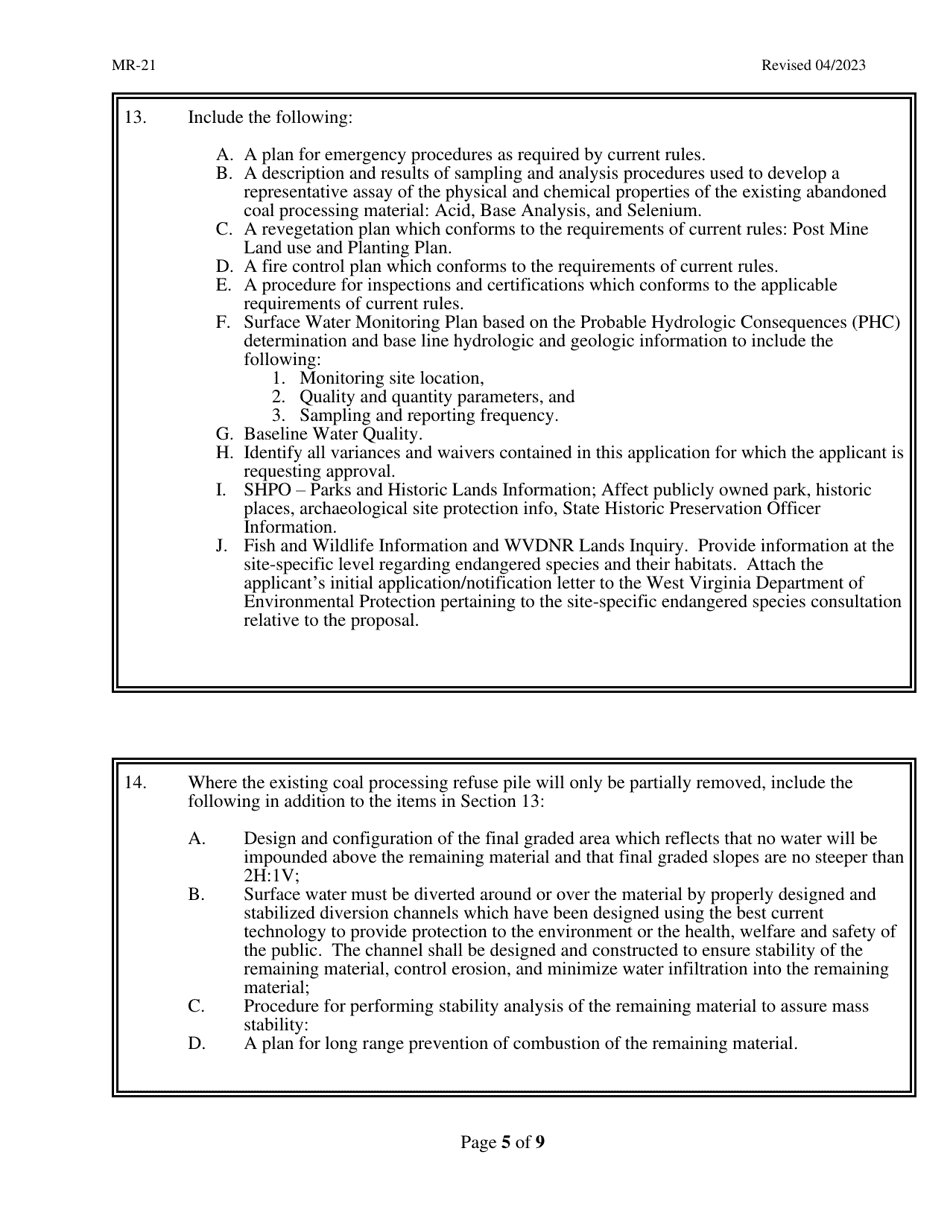 Form MR-21 Application for a Special Permit for Removal of Abandoned Coal Refuse Pile - West Virginia, Page 5