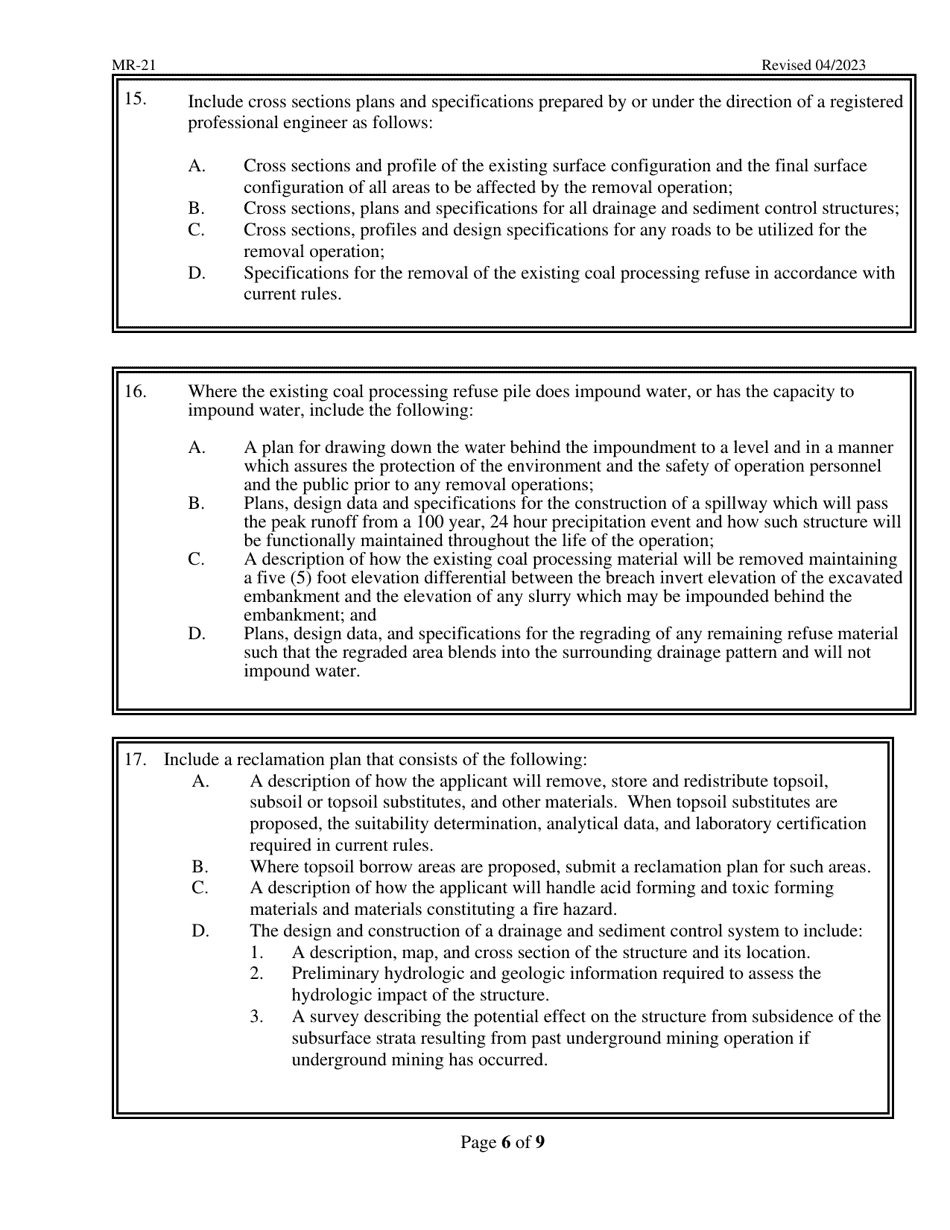 Form MR-21 Application for a Special Permit for Removal of Abandoned Coal Refuse Pile - West Virginia, Page 6