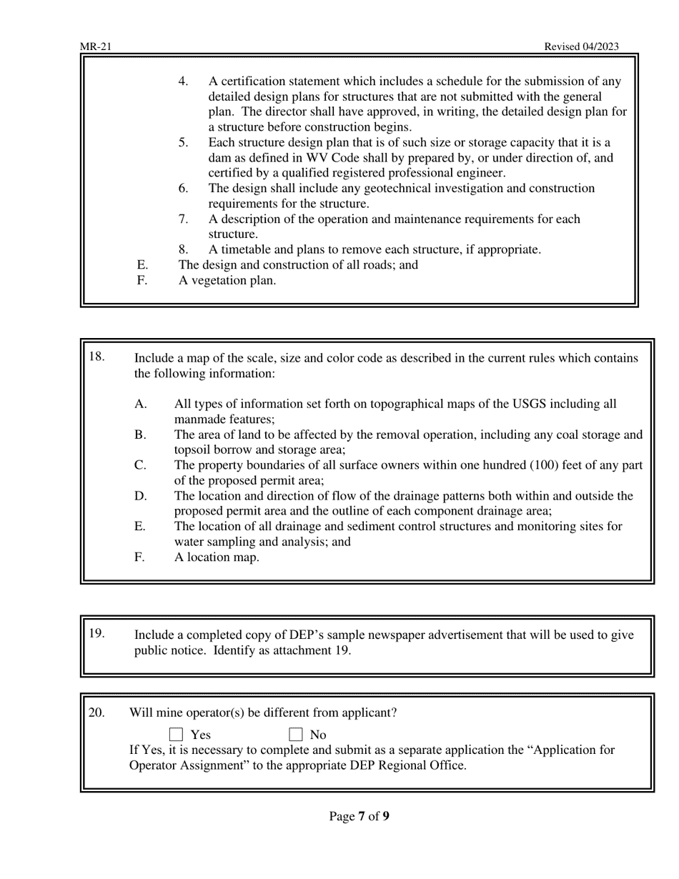 Form MR-21 Application for a Special Permit for Removal of Abandoned Coal Refuse Pile - West Virginia, Page 7