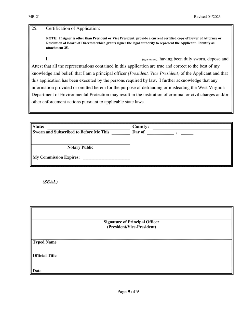 Form MR-21 Application for a Special Permit for Removal of Abandoned Coal Refuse Pile - West Virginia, Page 9