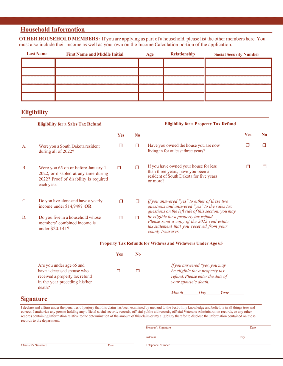 Sales or Property Tax Refund Application for Senior Citizens  Citizens With Disabilities - South Dakota, Page 4