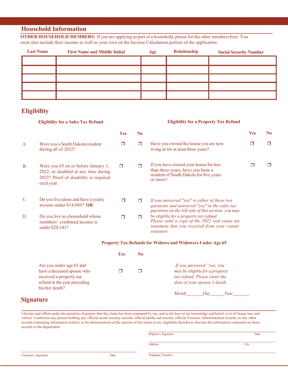 2022 South Dakota Sales or Property Tax Refund Application for Senior Citizens & Citizens With