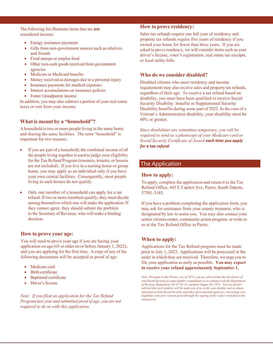 Sales or Property Tax Refund Application for Senior Citizens  Citizens With Disabilities - South Dakota, Page 7