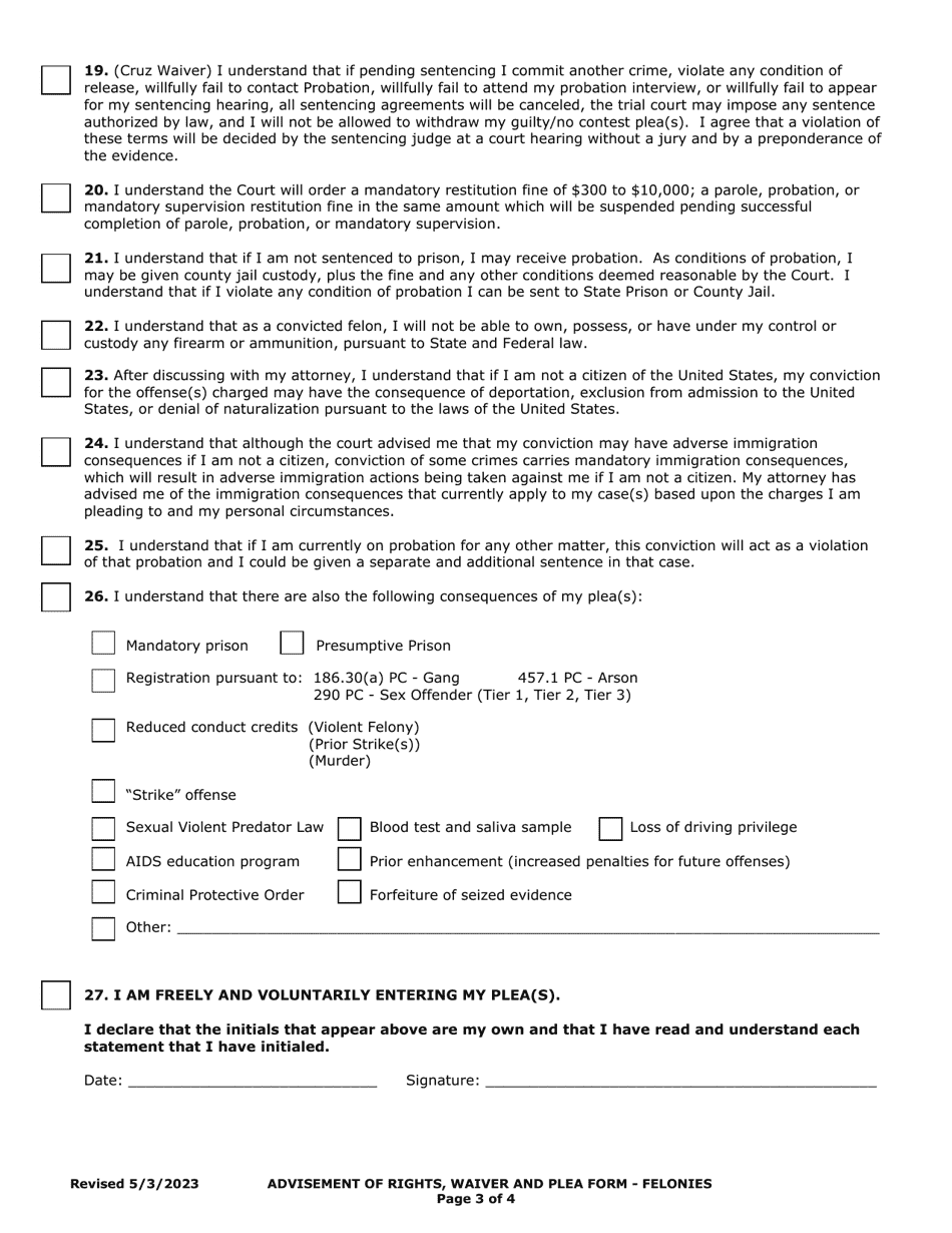 Felony Advisement of Rights, Waiver, and Plea - County of Sonoma, California, Page 3