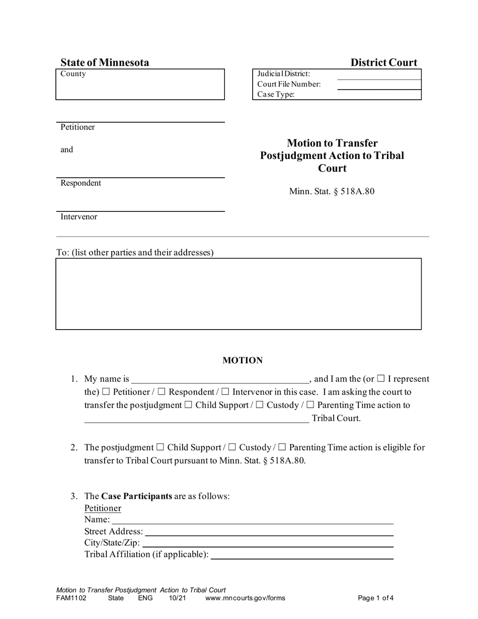 Form FAM1102 Motion to Transfer Postjudgment Action to Tribal Court - Minnesota, Page 1