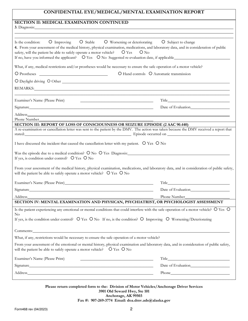 Form 468 Confidential Eye / Medical / Mental Examination Report - Alaska, Page 2