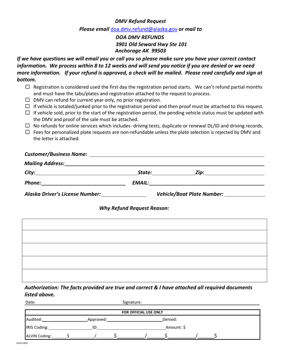 Form 853 DMV Refund Request - Alaska, Page 1
