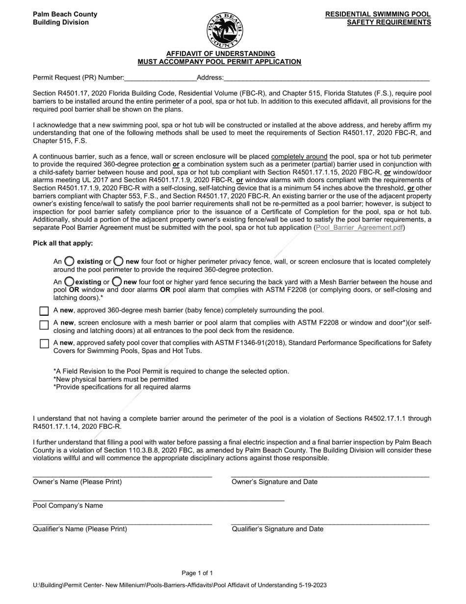 Palm Beach County, Florida Affidavit of Understanding Residential