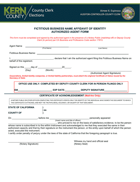 Fictitious Business Name Affidavit of Identity Authorized Agent Form - Kern County, California Download Pdf