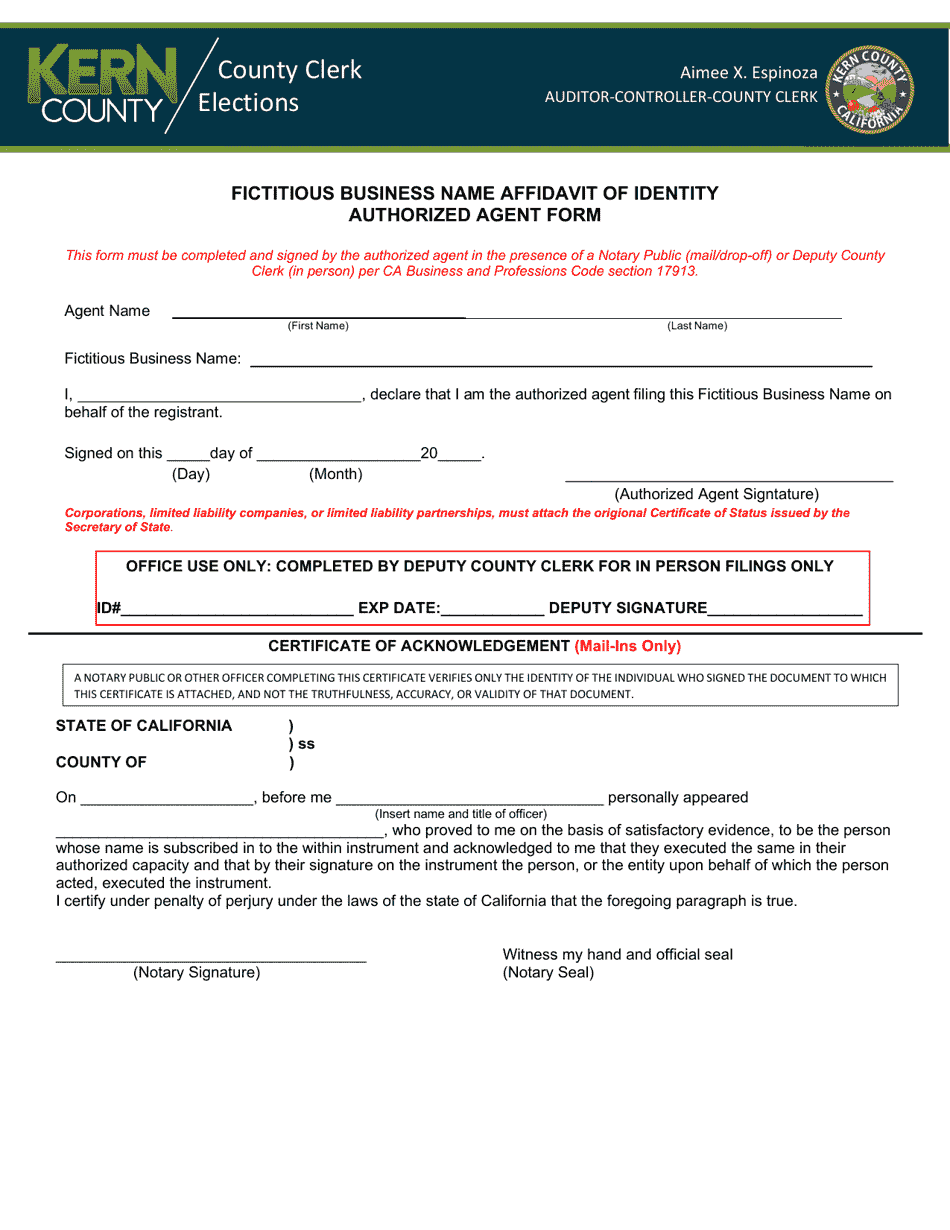 Fictitious Business Name Affidavit of Identity Authorized Agent Form - Kern County, California, Page 1