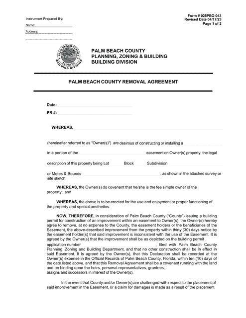 Form 025PBO-043 Palm Beach County Removal Agreement - Palm Beach County, Florida