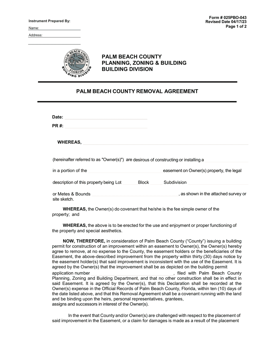 Form 025PBO-043 Palm Beach County Removal Agreement - Palm Beach County, Florida, Page 1