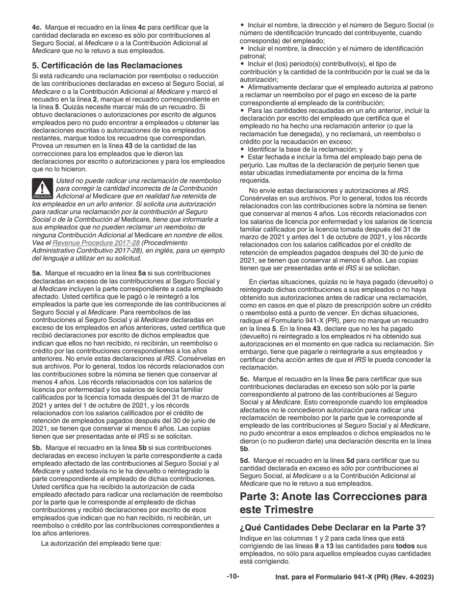 Instrucciones para IRS Formulario 941-X (PR) Ajuste a La Declaracion Federal Trimestral Del Patrono O Reclamacion De Reembolso (Spanish), Page 10