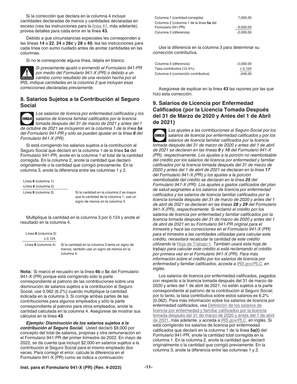 Instrucciones para IRS Formulario 941-X (PR) Ajuste a La Declaracion Federal Trimestral Del Patrono O Reclamacion De Reembolso (Spanish), Page 11