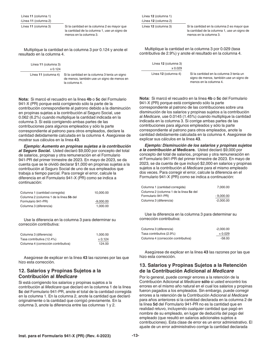 Instrucciones para IRS Formulario 941-X (PR) Ajuste a La Declaracion Federal Trimestral Del Patrono O Reclamacion De Reembolso (Spanish), Page 13