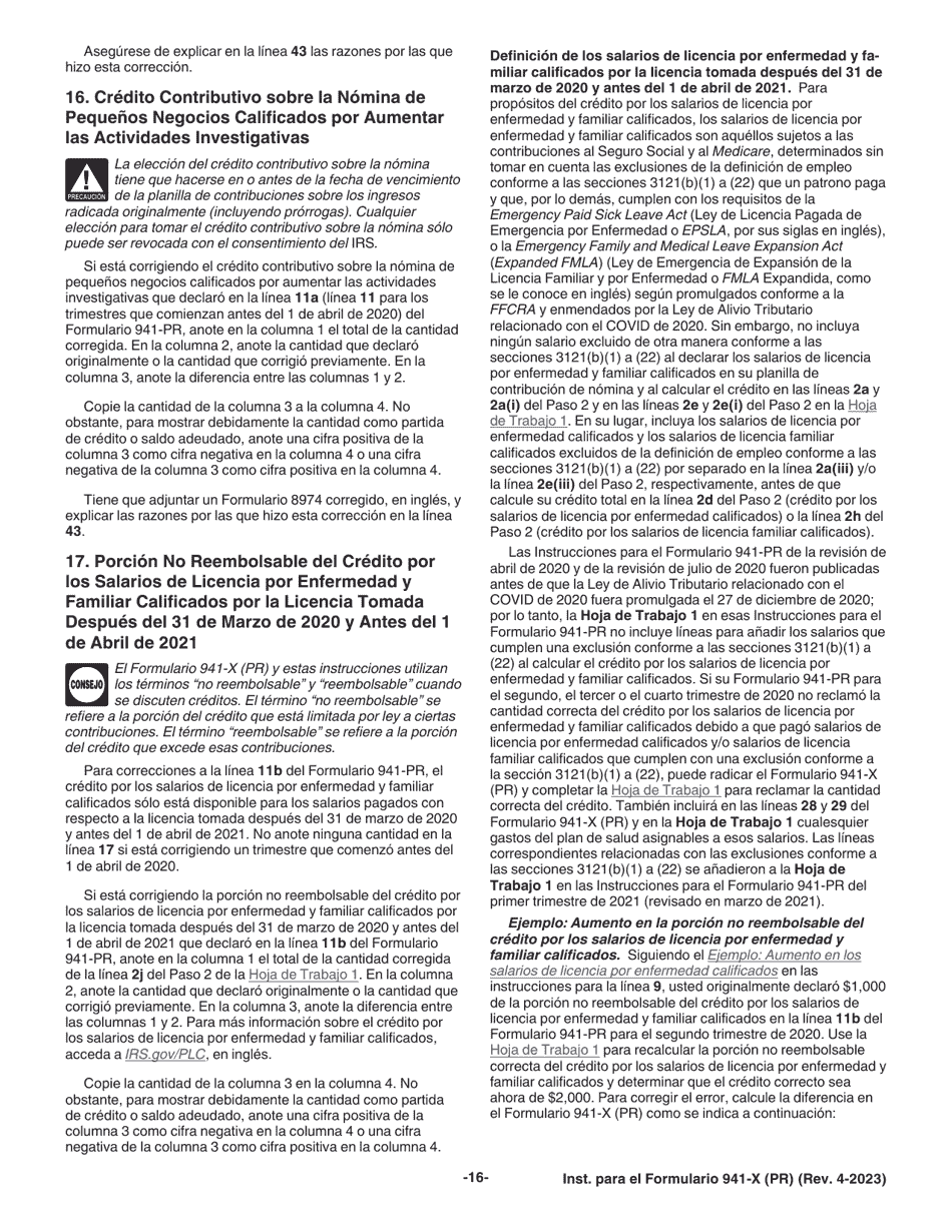Instrucciones para IRS Formulario 941-X (PR) Ajuste a La Declaracion Federal Trimestral Del Patrono O Reclamacion De Reembolso (Spanish), Page 16