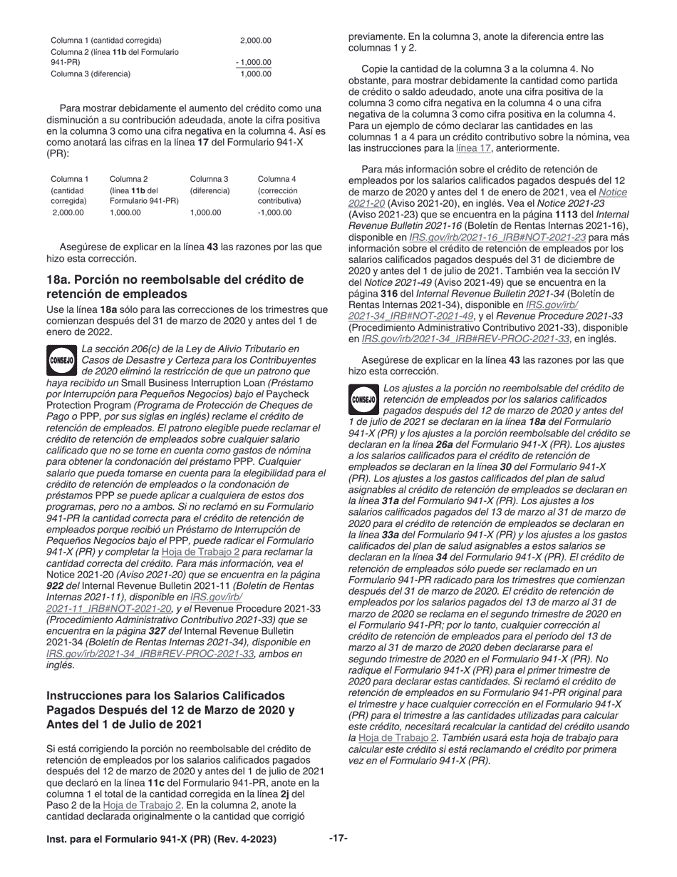 Instrucciones para IRS Formulario 941-X (PR) Ajuste a La Declaracion Federal Trimestral Del Patrono O Reclamacion De Reembolso (Spanish), Page 17