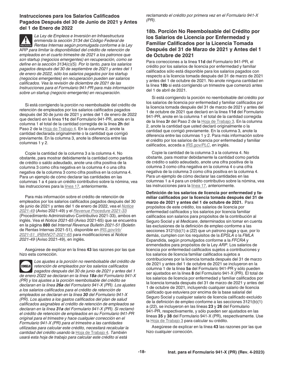 Instrucciones para IRS Formulario 941-X (PR) Ajuste a La Declaracion Federal Trimestral Del Patrono O Reclamacion De Reembolso (Spanish), Page 18