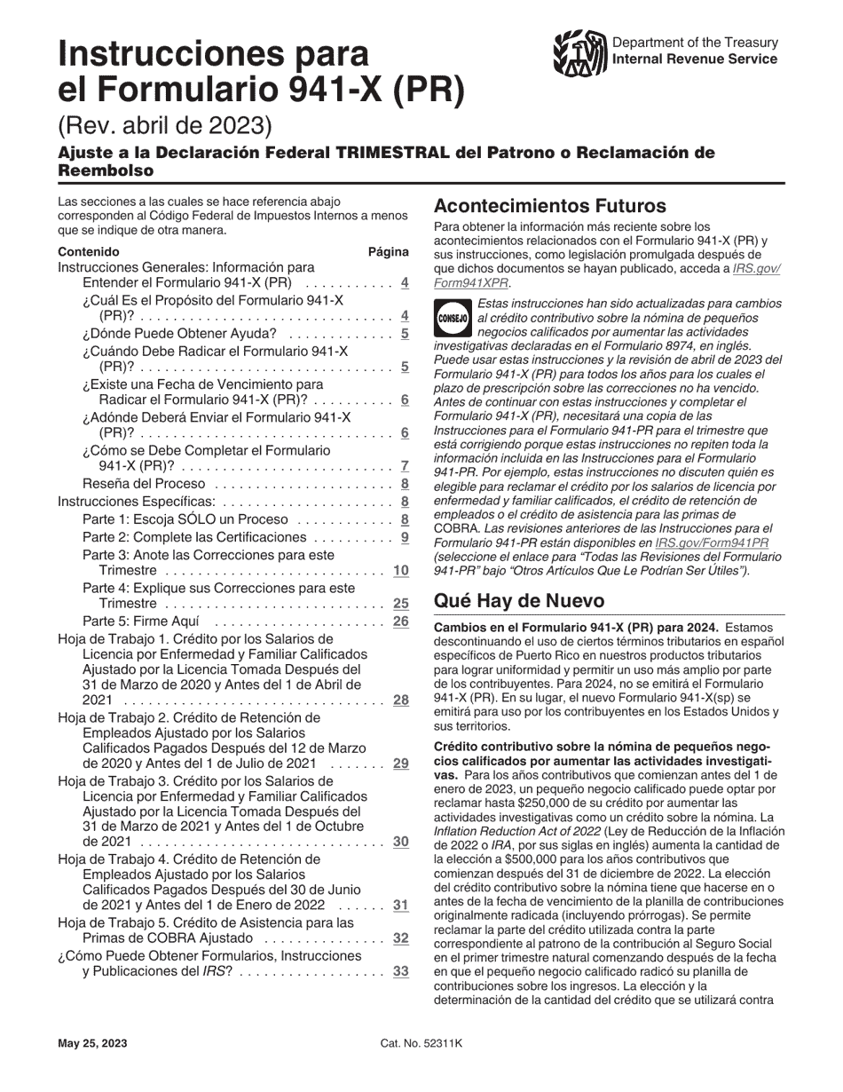 Instrucciones para IRS Formulario 941-X (PR) Ajuste a La Declaracion Federal Trimestral Del Patrono O Reclamacion De Reembolso (Spanish), Page 1