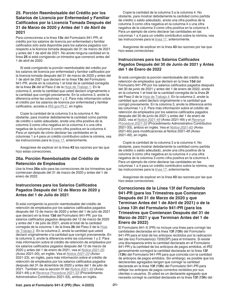 Instrucciones para IRS Formulario 941-X (PR) Ajuste a La Declaracion Federal Trimestral Del Patrono O Reclamacion De Reembolso (Spanish), Page 21