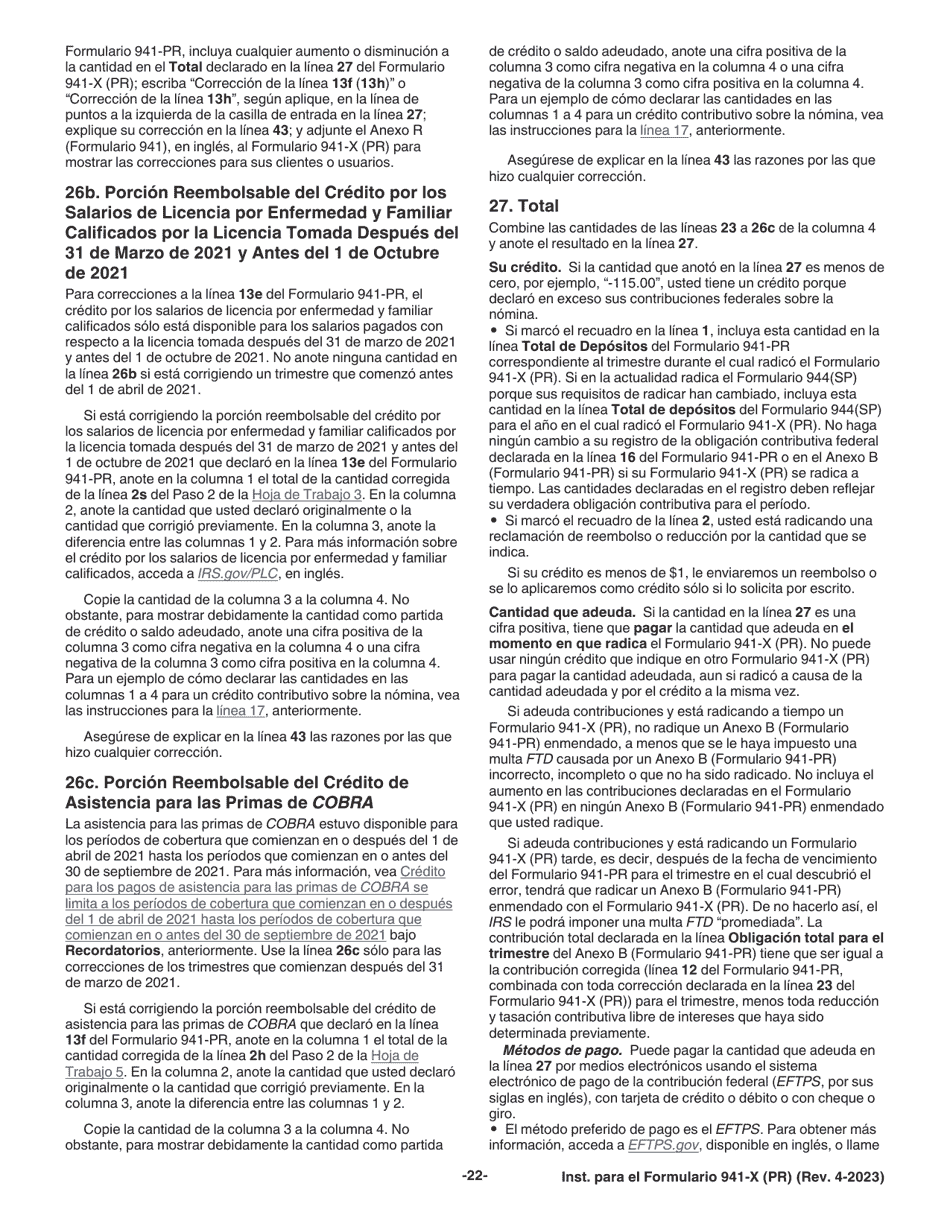Instrucciones para IRS Formulario 941-X (PR) Ajuste a La Declaracion Federal Trimestral Del Patrono O Reclamacion De Reembolso (Spanish), Page 22