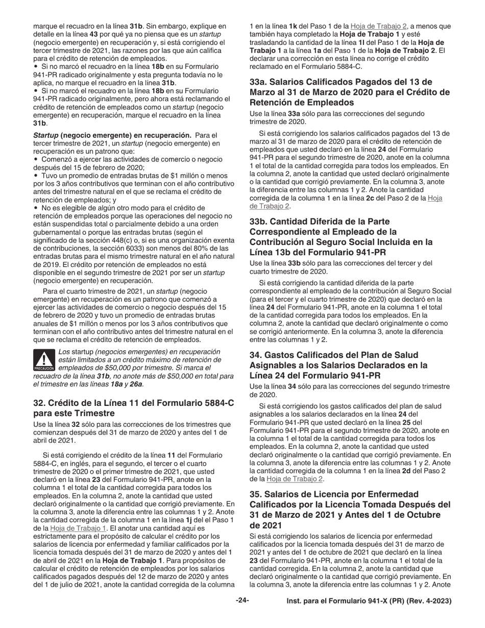 Instrucciones para IRS Formulario 941-X (PR) Ajuste a La Declaracion Federal Trimestral Del Patrono O Reclamacion De Reembolso (Spanish), Page 24