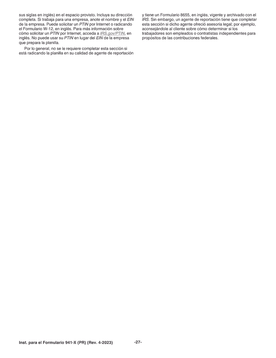 Instrucciones para IRS Formulario 941-X (PR) Ajuste a La Declaracion Federal Trimestral Del Patrono O Reclamacion De Reembolso (Spanish), Page 27