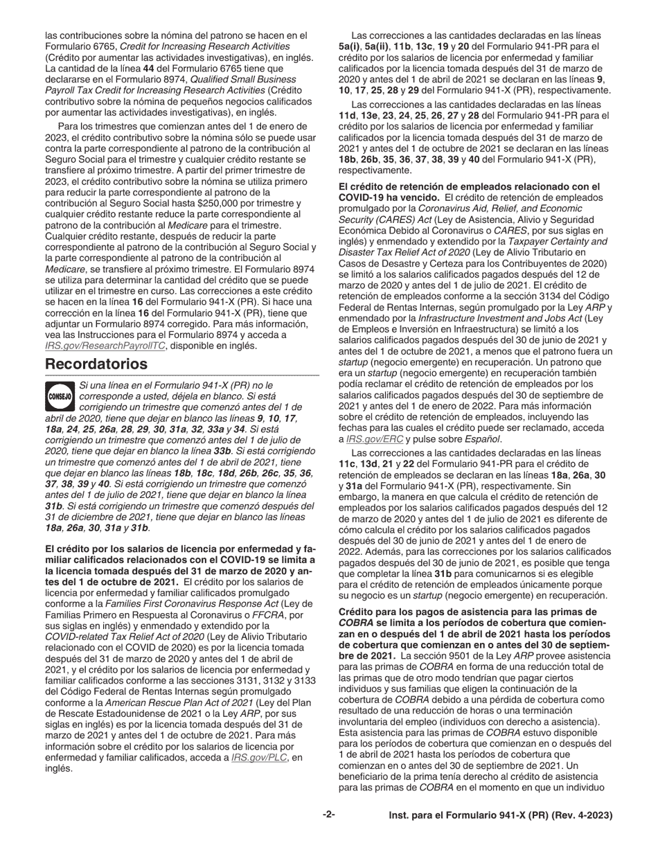 Instrucciones para IRS Formulario 941-X (PR) Ajuste a La Declaracion Federal Trimestral Del Patrono O Reclamacion De Reembolso (Spanish), Page 2