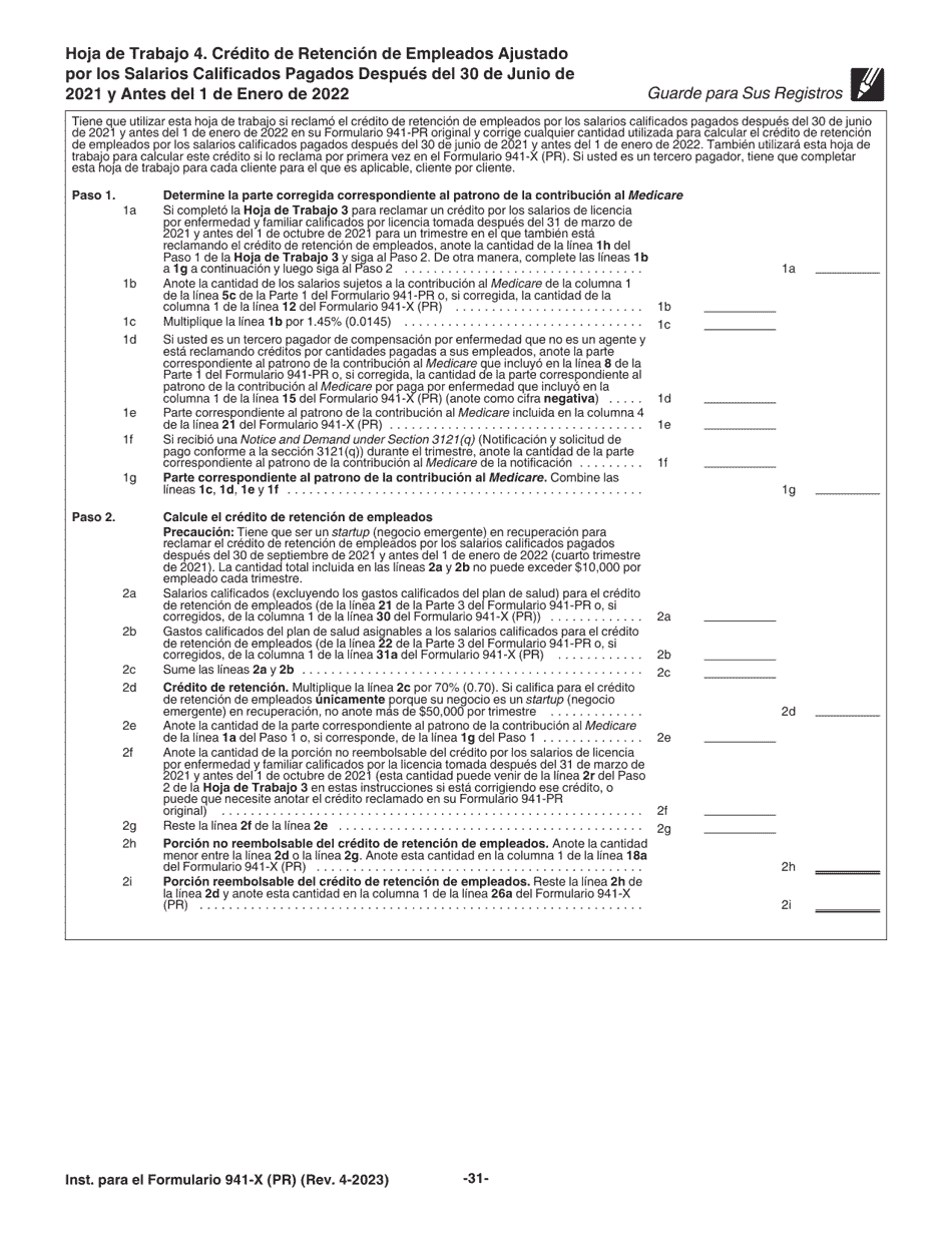 Instrucciones para IRS Formulario 941-X (PR) Ajuste a La Declaracion Federal Trimestral Del Patrono O Reclamacion De Reembolso (Spanish), Page 31