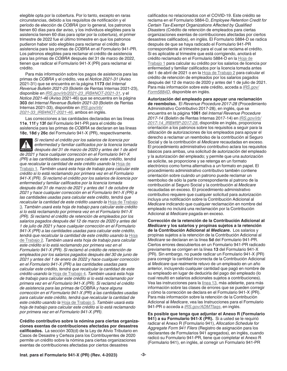 Instrucciones para IRS Formulario 941-X (PR) Ajuste a La Declaracion Federal Trimestral Del Patrono O Reclamacion De Reembolso (Spanish), Page 3