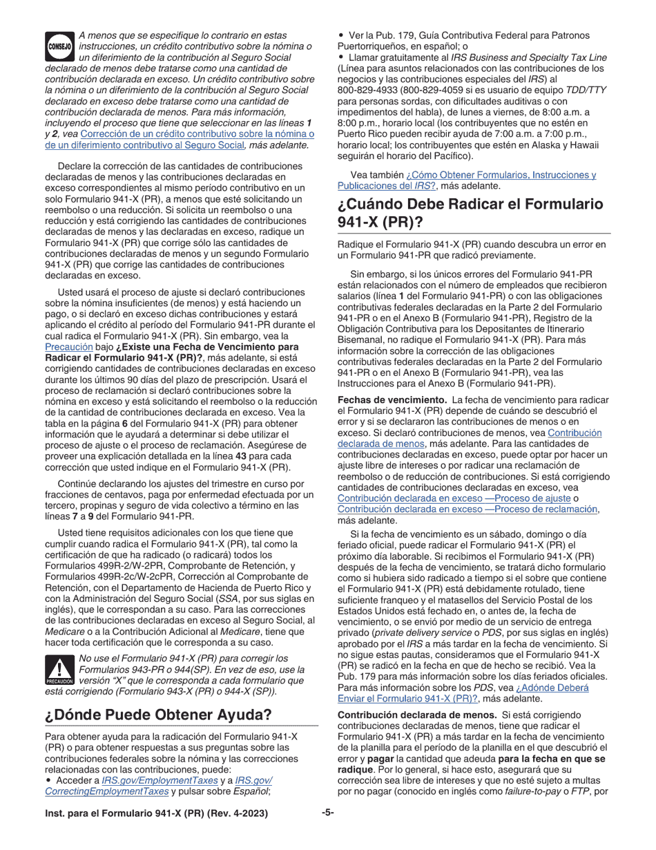Instrucciones para IRS Formulario 941-X (PR) Ajuste a La Declaracion Federal Trimestral Del Patrono O Reclamacion De Reembolso (Spanish), Page 5
