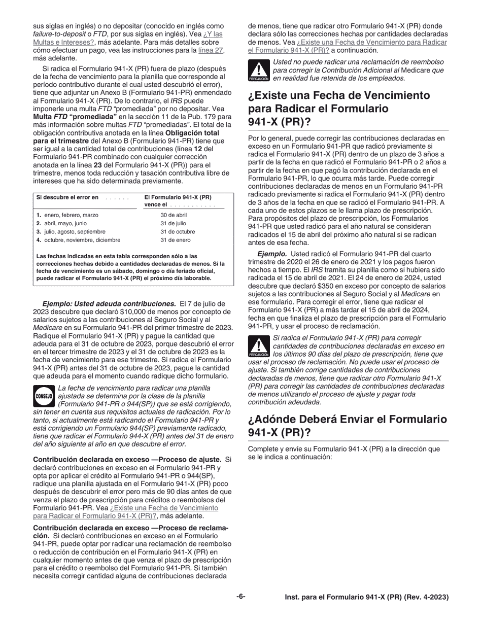 Instrucciones para IRS Formulario 941-X (PR) Ajuste a La Declaracion Federal Trimestral Del Patrono O Reclamacion De Reembolso (Spanish), Page 6