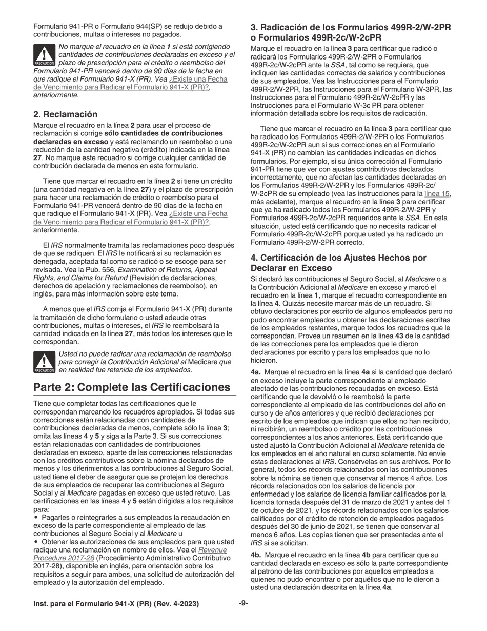 Instrucciones para IRS Formulario 941-X (PR) Ajuste a La Declaracion Federal Trimestral Del Patrono O Reclamacion De Reembolso (Spanish), Page 9