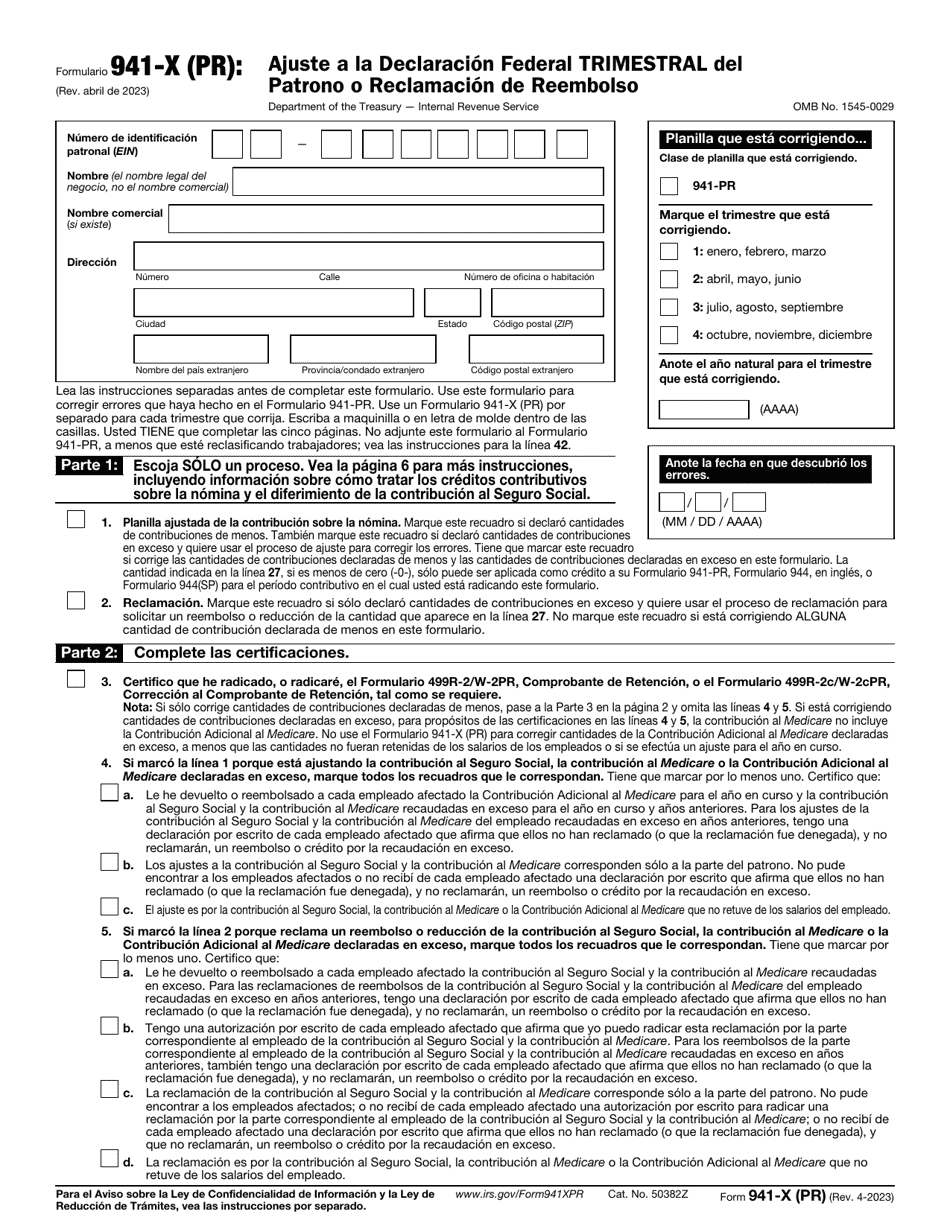 IRS Formulario 941-X (PR) Ajuste a La Declaracion Federal Trimestral Del Patrono O Reclamacion De Reembolso (Spanish), Page 1