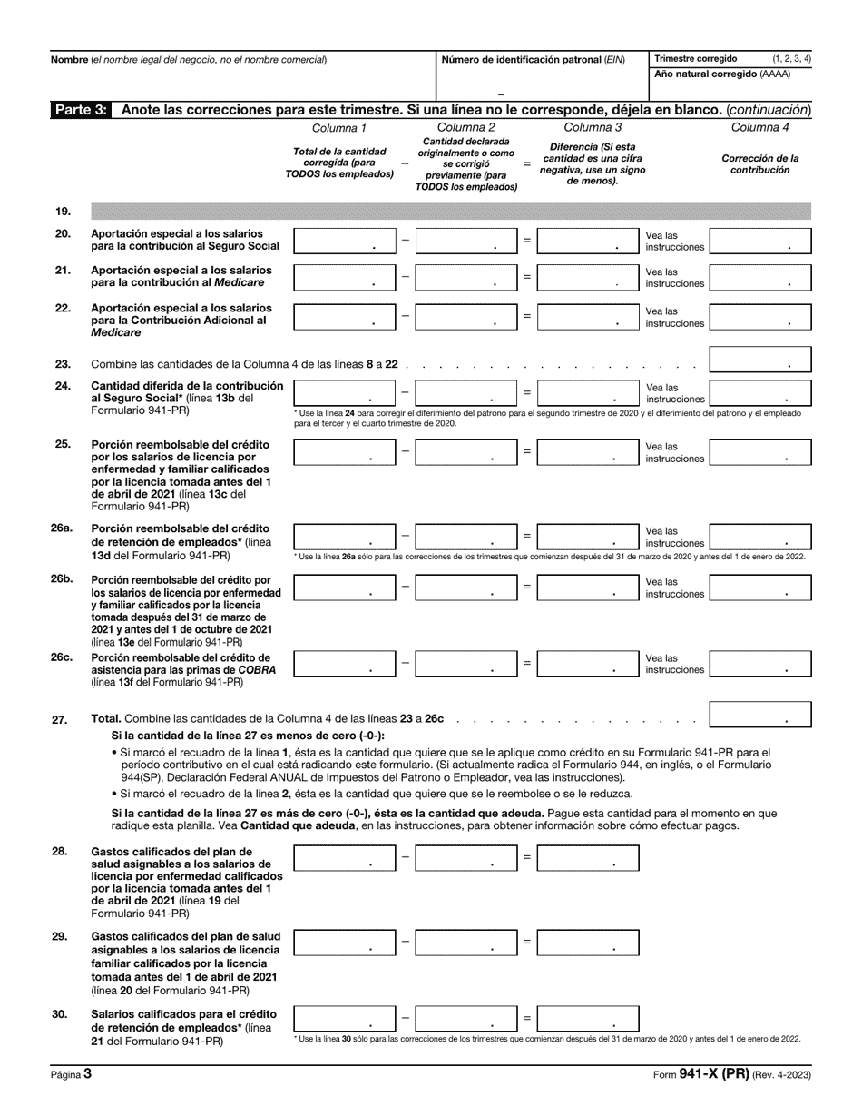 IRS Formulario 941-X (PR) Ajuste a La Declaracion Federal Trimestral Del Patrono O Reclamacion De Reembolso (Spanish), Page 3