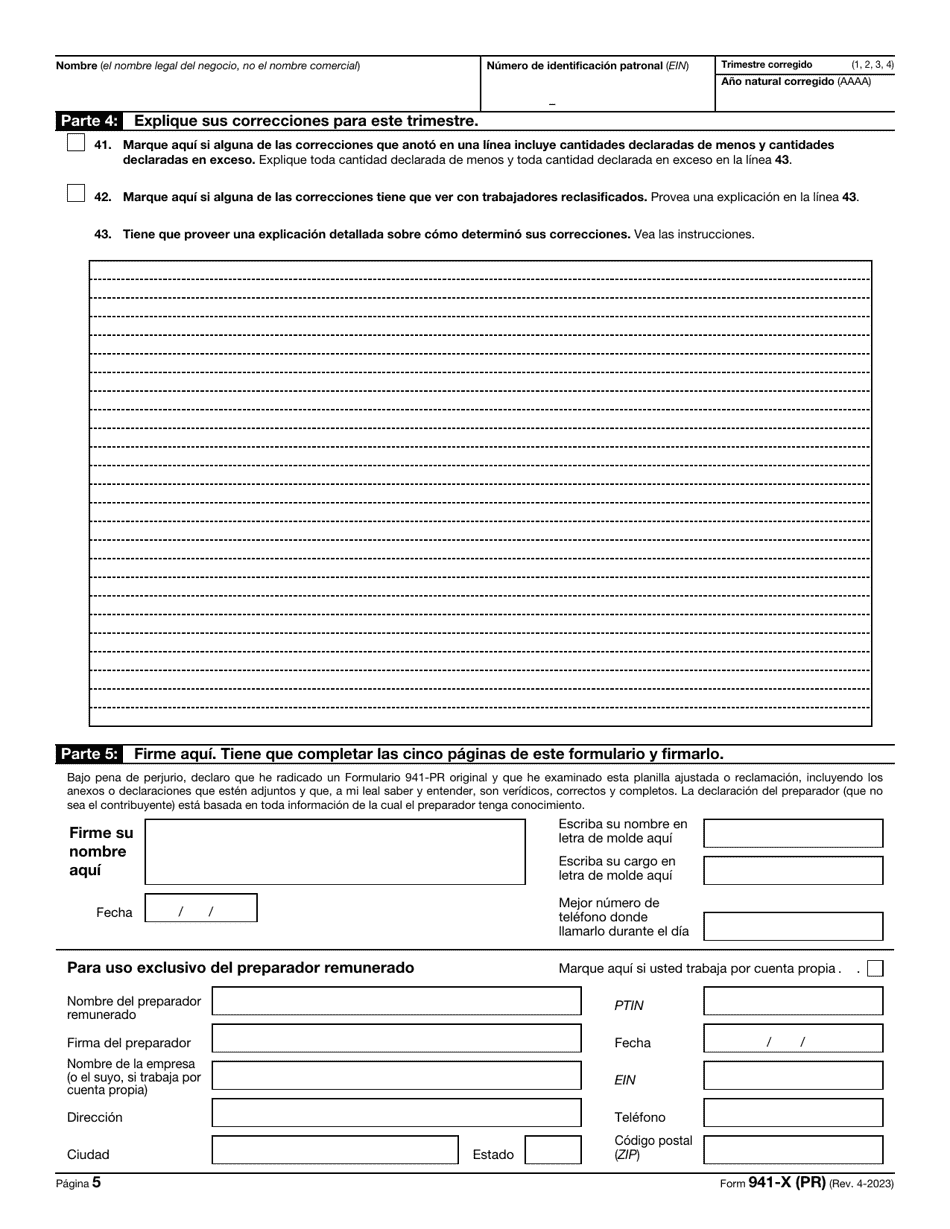 IRS Formulario 941-X (PR) Ajuste a La Declaracion Federal Trimestral Del Patrono O Reclamacion De Reembolso (Spanish), Page 5