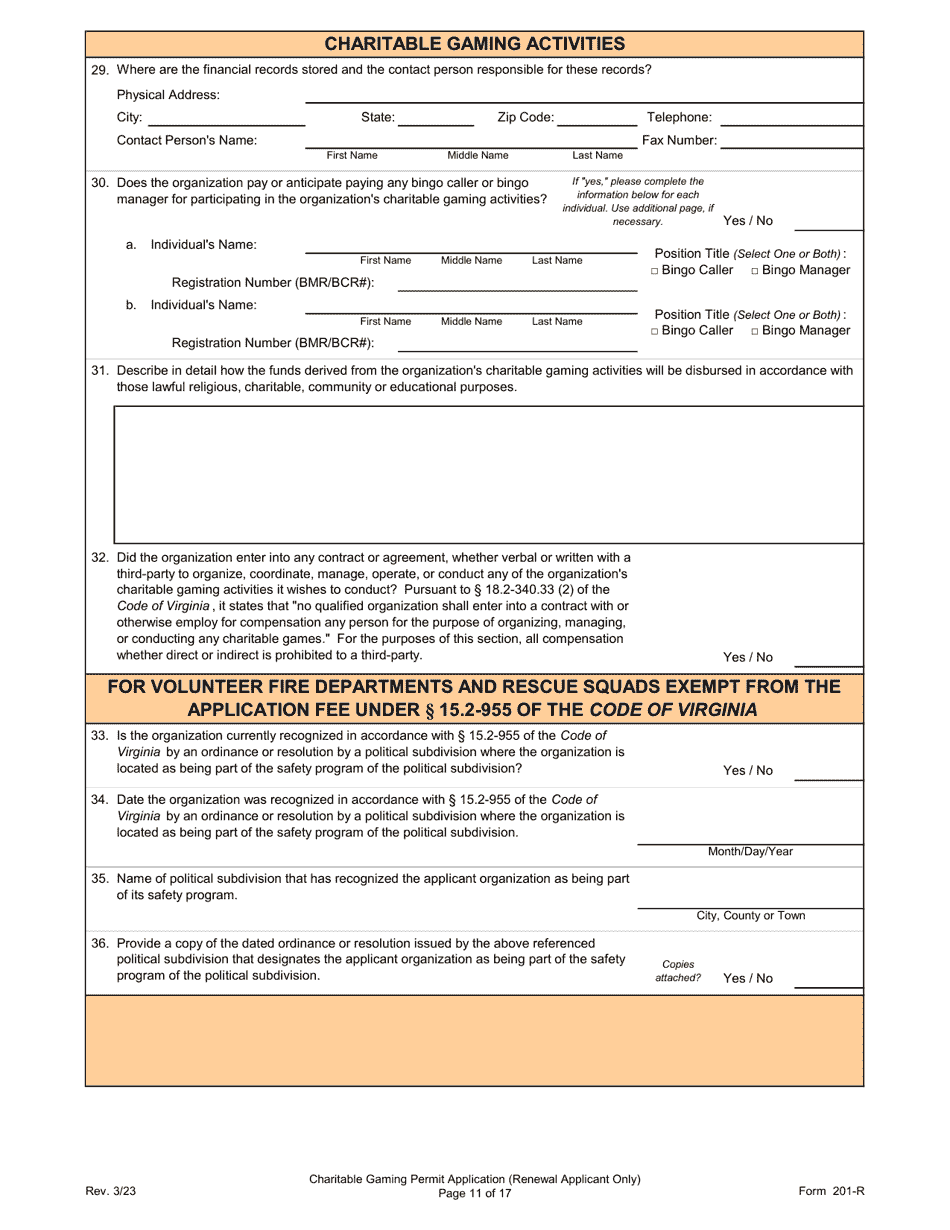 Form 201-R Charitable Gaming Permit Application (Renewal Applicant Only) - Virginia, Page 11