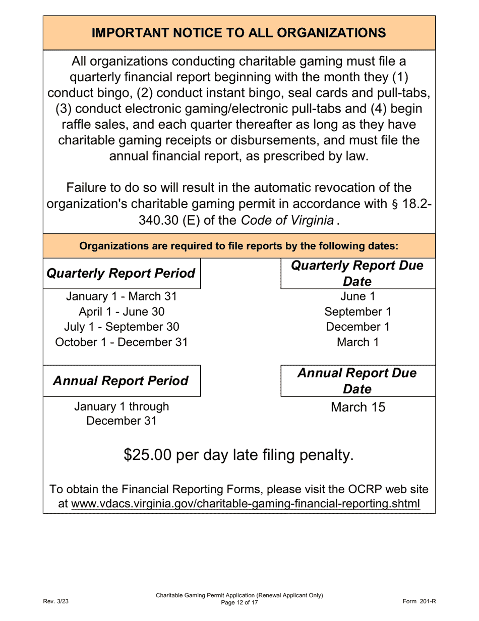 Form 201-R Charitable Gaming Permit Application (Renewal Applicant Only) - Virginia, Page 12